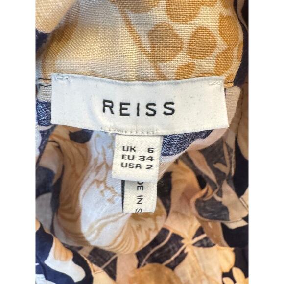 REISS Floral Tie Waist Blouse Navy Gold Large Print Size 2 EUC Linen Blend - Picture 4 of 11
